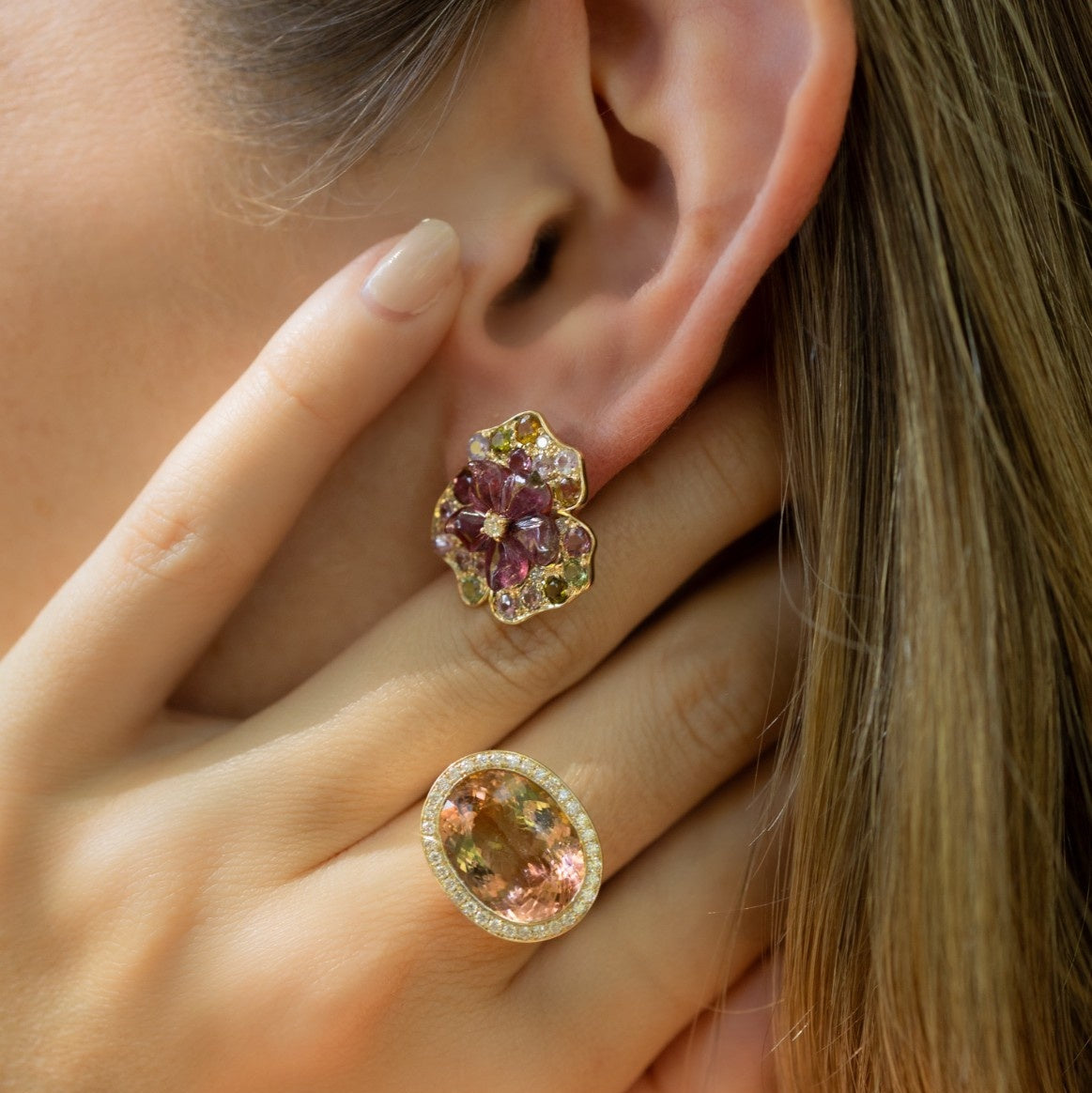 Carved Pink Tourmaline Flower Earrings