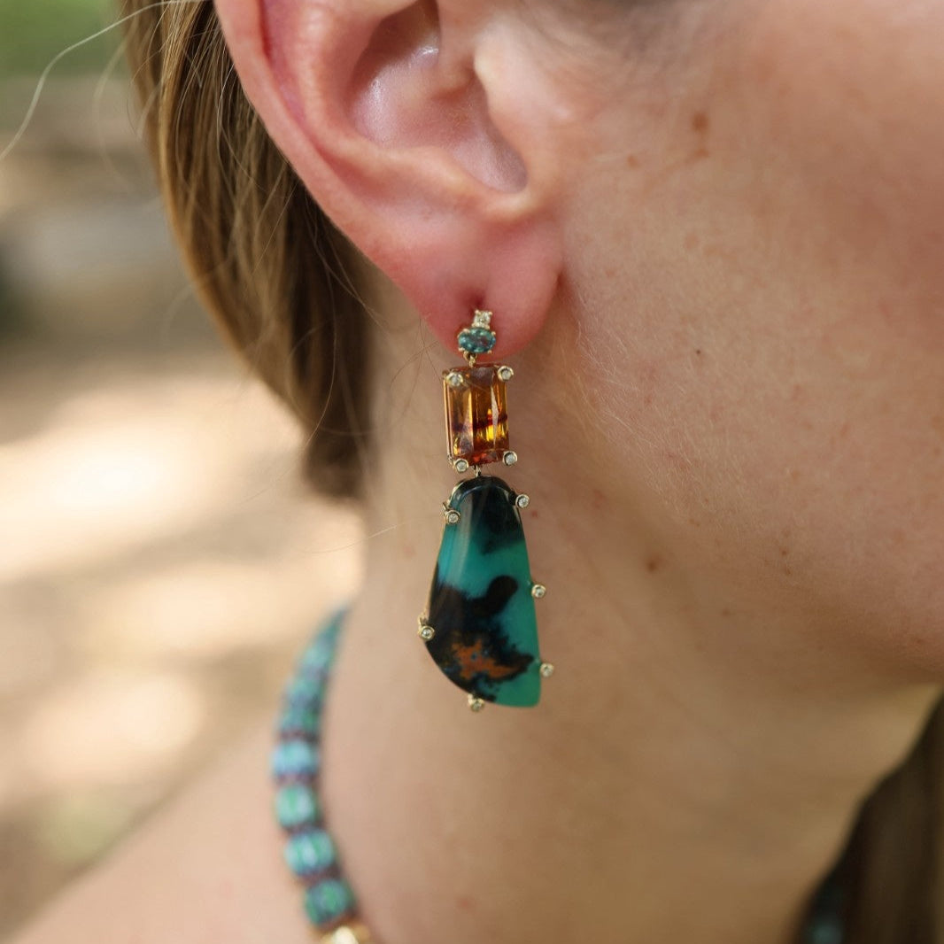 Sphalerite, Chrysocolla Cuprite, Zircon and Diamond Earrings