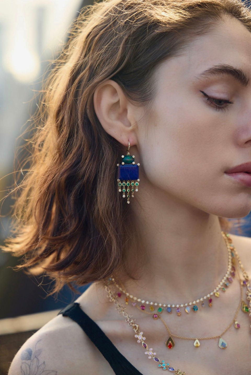 Lapis,Opal, Emerald, Diamond Earrings