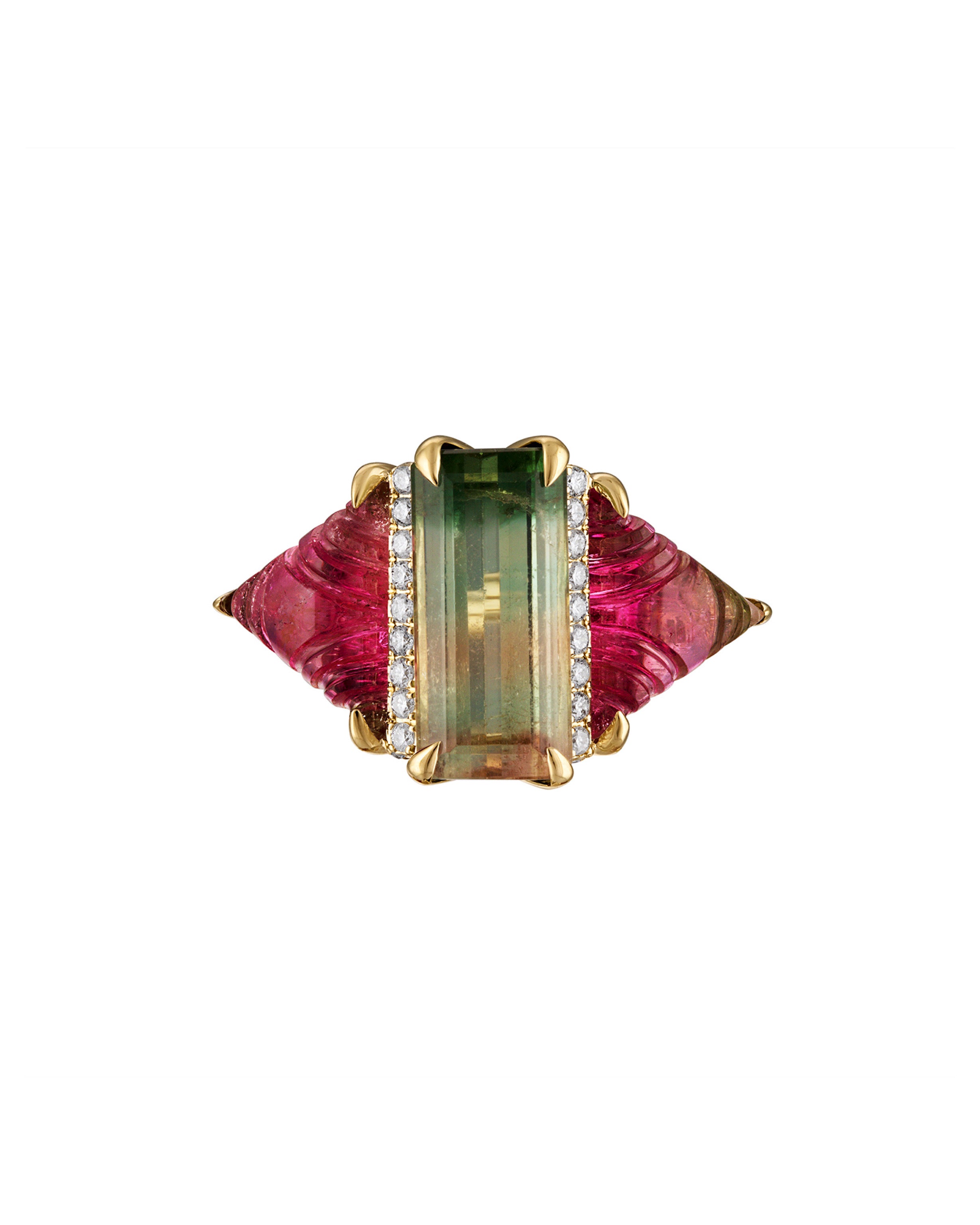 Bicolor Carved Tourmaline Diamond Ring