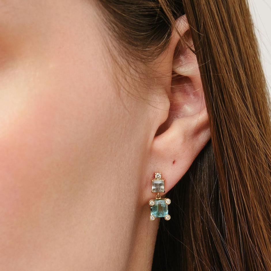 Square Tourmaline Diamond Mini Drop Earrings