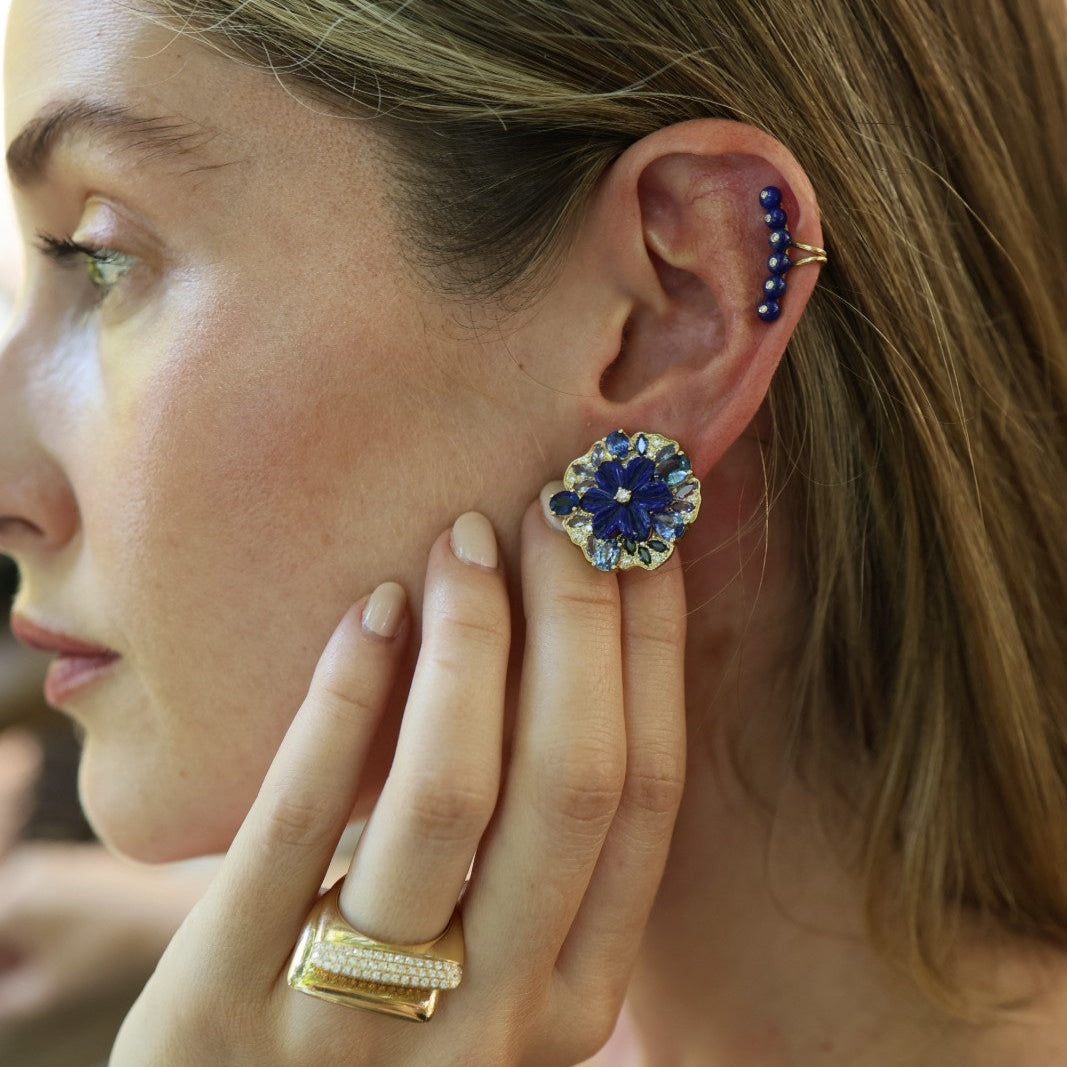 Carved Lapis and Blue Sapphire Flower Earrings