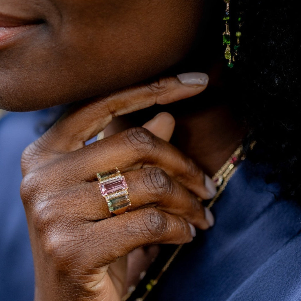 Tricolor and Pink Tourmaline Diamond Ring