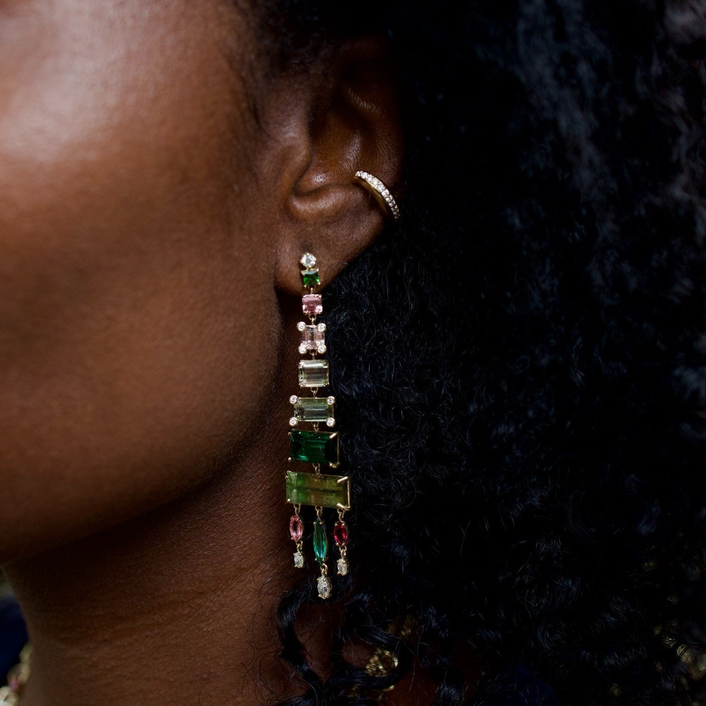 Tricolor Tourmaline and Diamond Pyramid Earrings