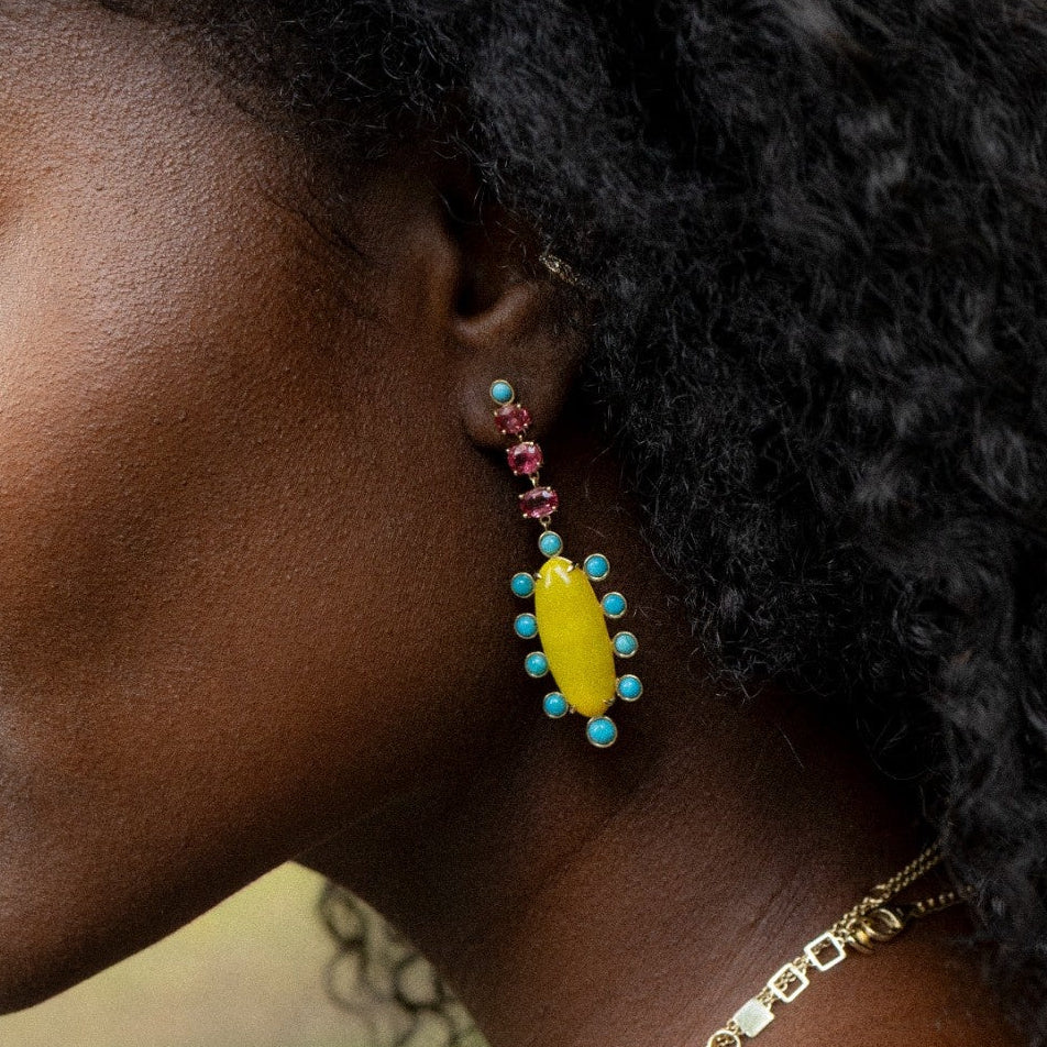 Sunny Vesuvianite, Turquoise, Spinel Earrings