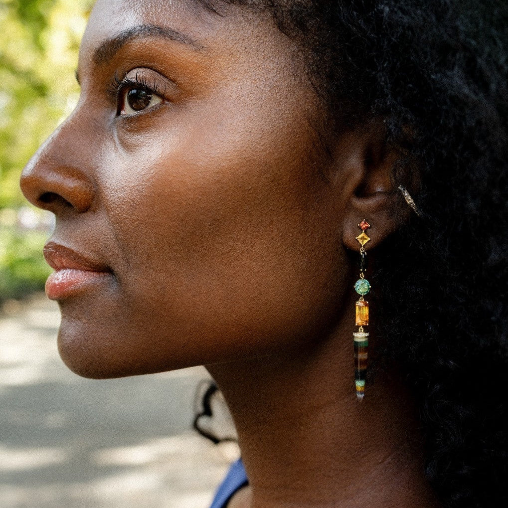 Dagger Earrings, Surfite, Sphalerite, Sapphire, Onyx, Zircon
