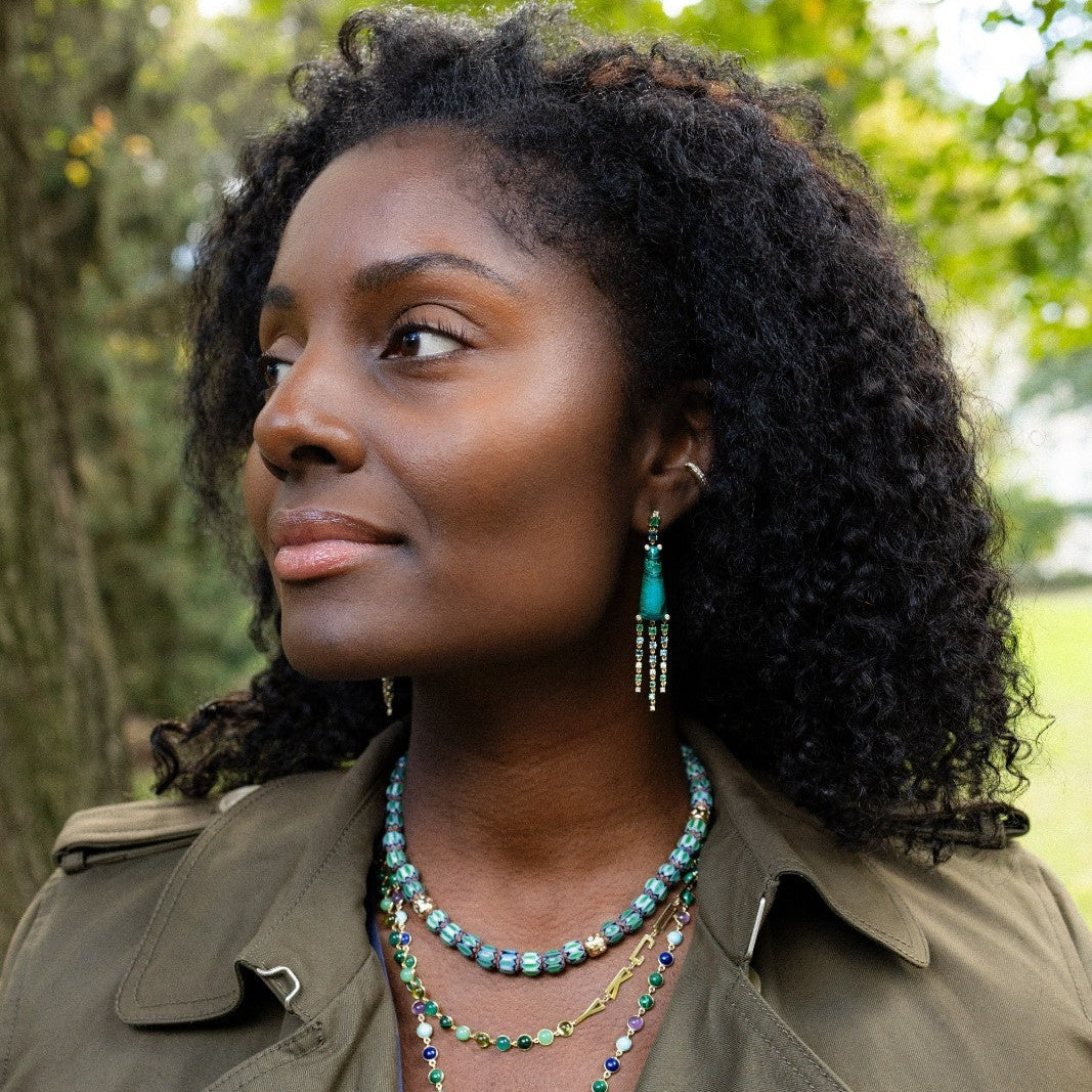 Malachite, London Blue Topaz, Emerald and Diamond Fringe Earrings