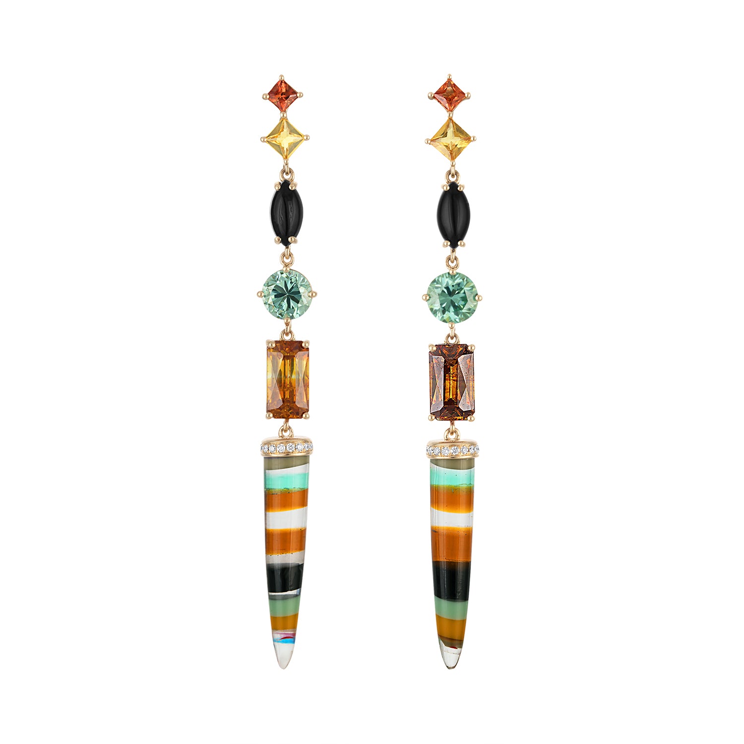 Dagger Earrings, Surfite, Sphalerite, Sapphire, Onyx, Zircon