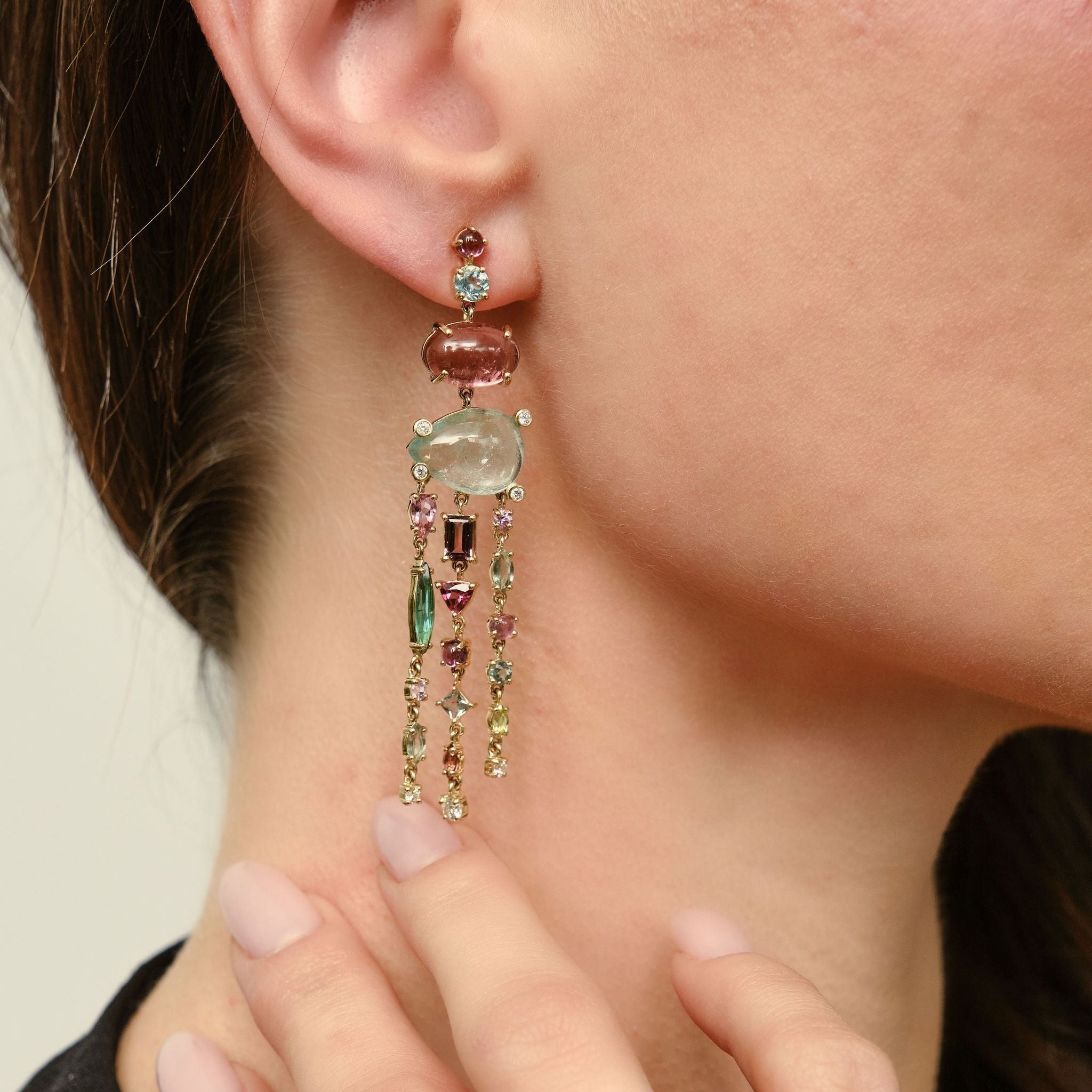 Cab Candy Tourmaline and Diamond Chandelier Earrings