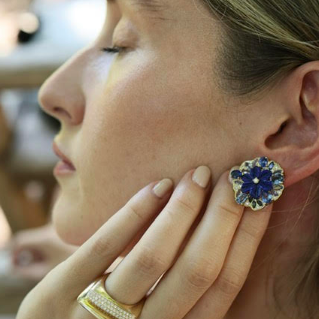 Carved Lapis and Blue Sapphire Flower Earrings