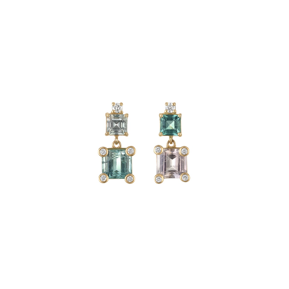 Square Tourmaline Diamond Mini Drop Earrings