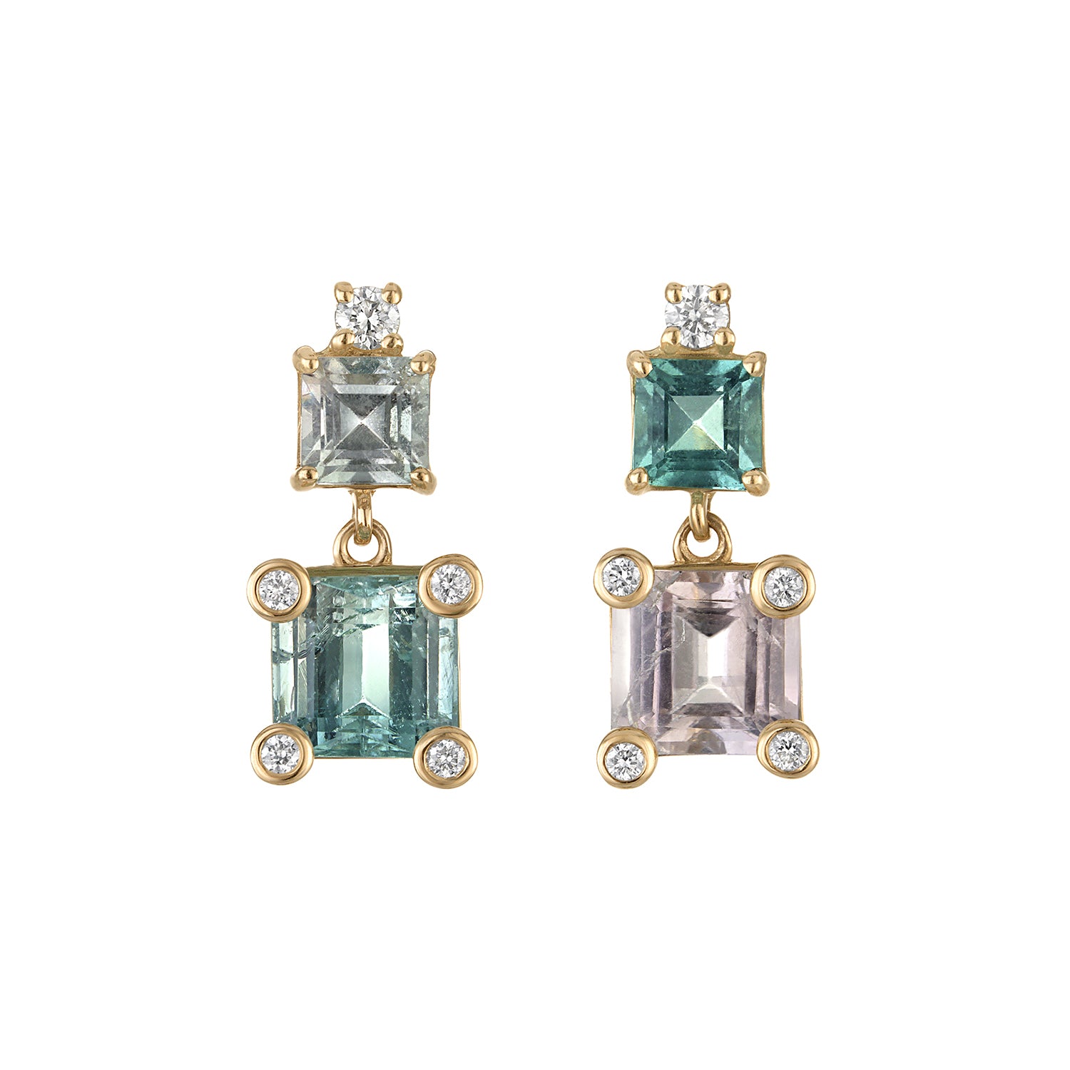 Square Tourmaline Diamond Mini Drop Earrings