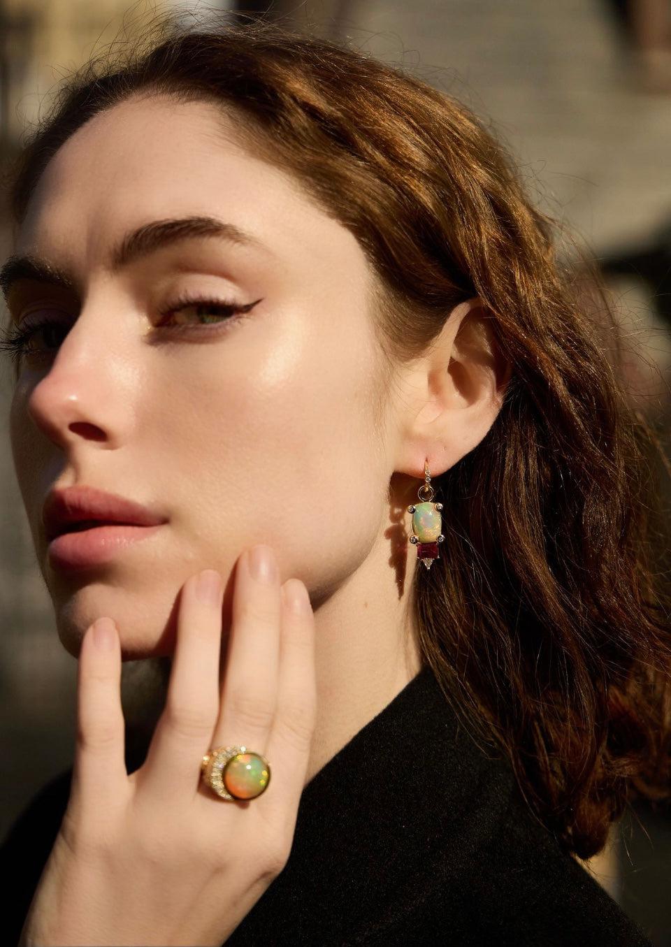 Opal, Pink Tourmaline, Diamond drop Earrings with Huggie-Eden Presley Fine Jewelry