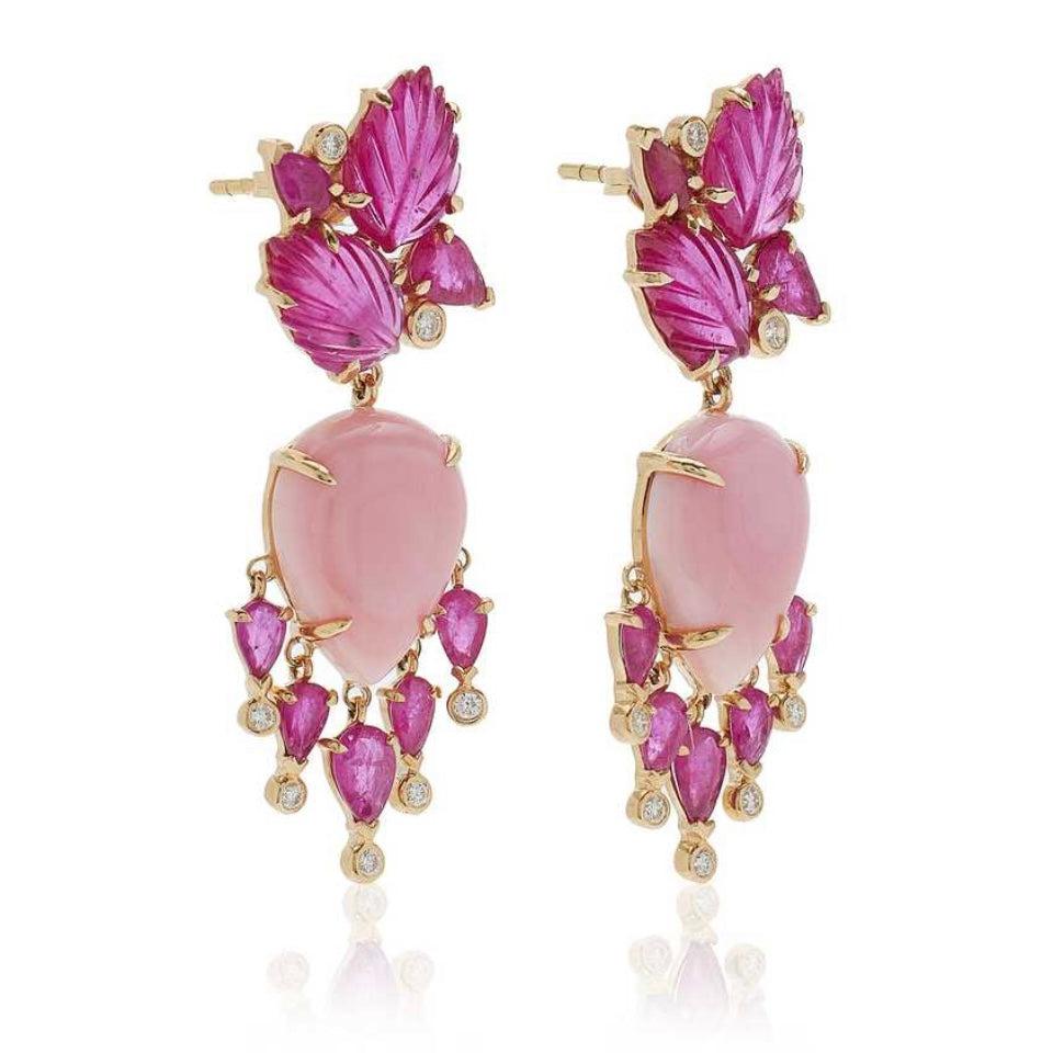 Pink opal, Carved Ruby Diamond drop earrings-Earrings-Eden Presley Fine Jewelry