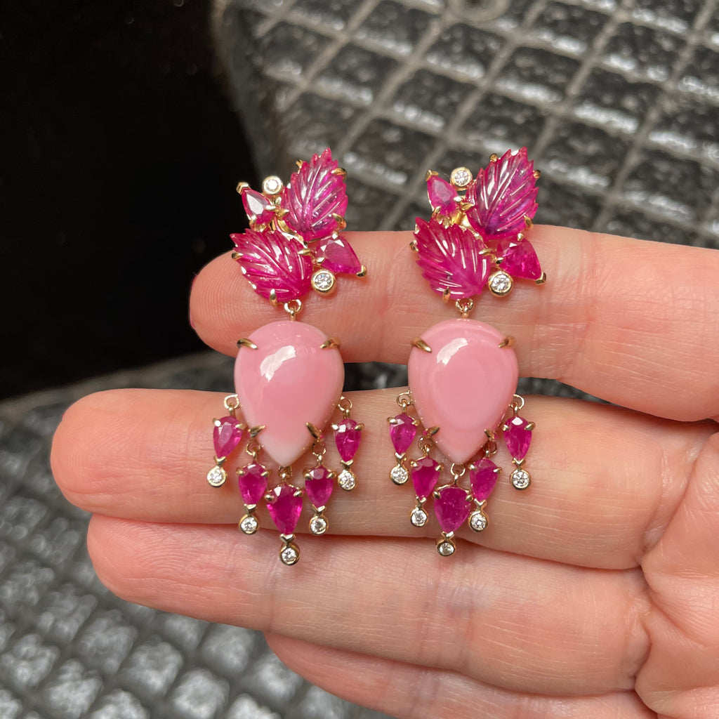 Pink opal, Carved Ruby Diamond drop earrings