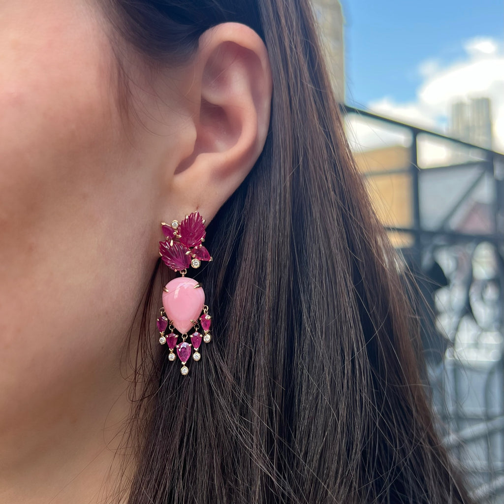 Pink opal, Carved Ruby Diamond drop earrings