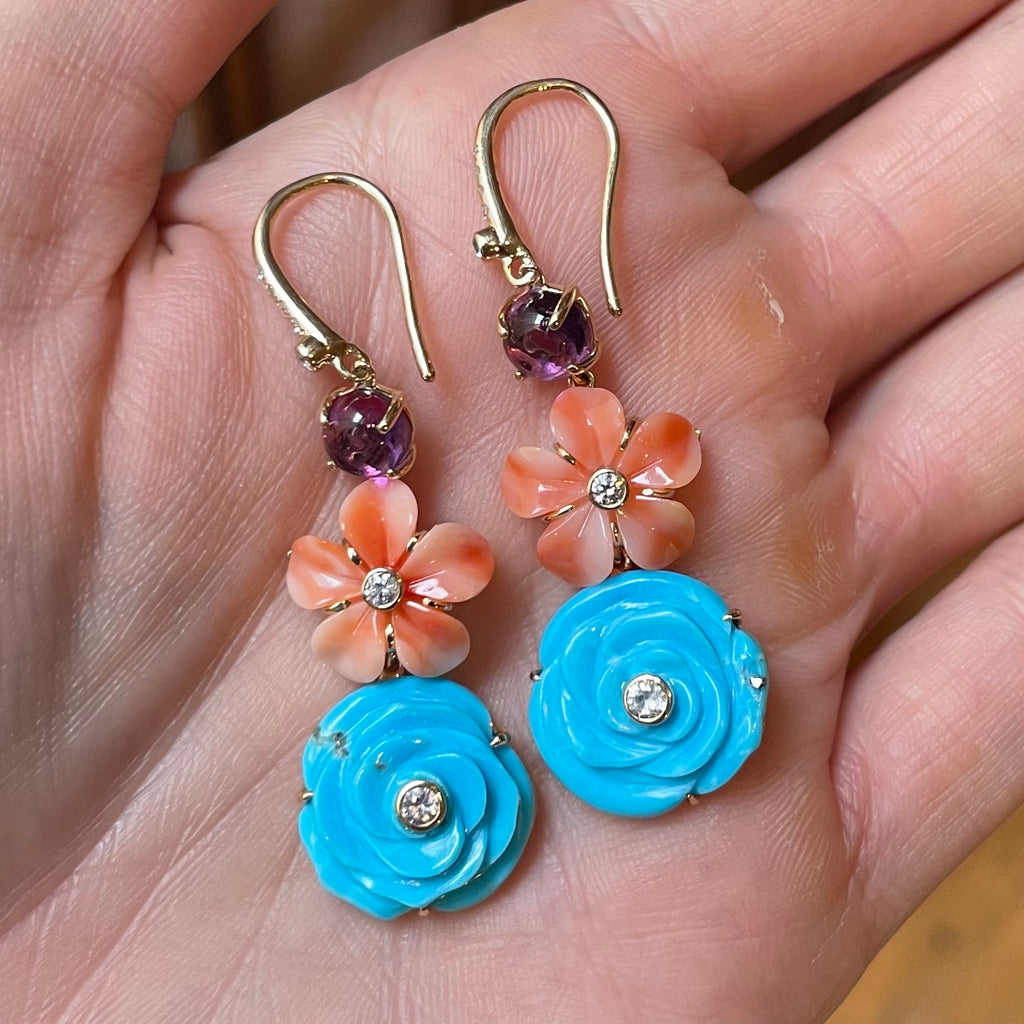 Turquoise, Coral, Amethyst Diamond Flower Drop Earring