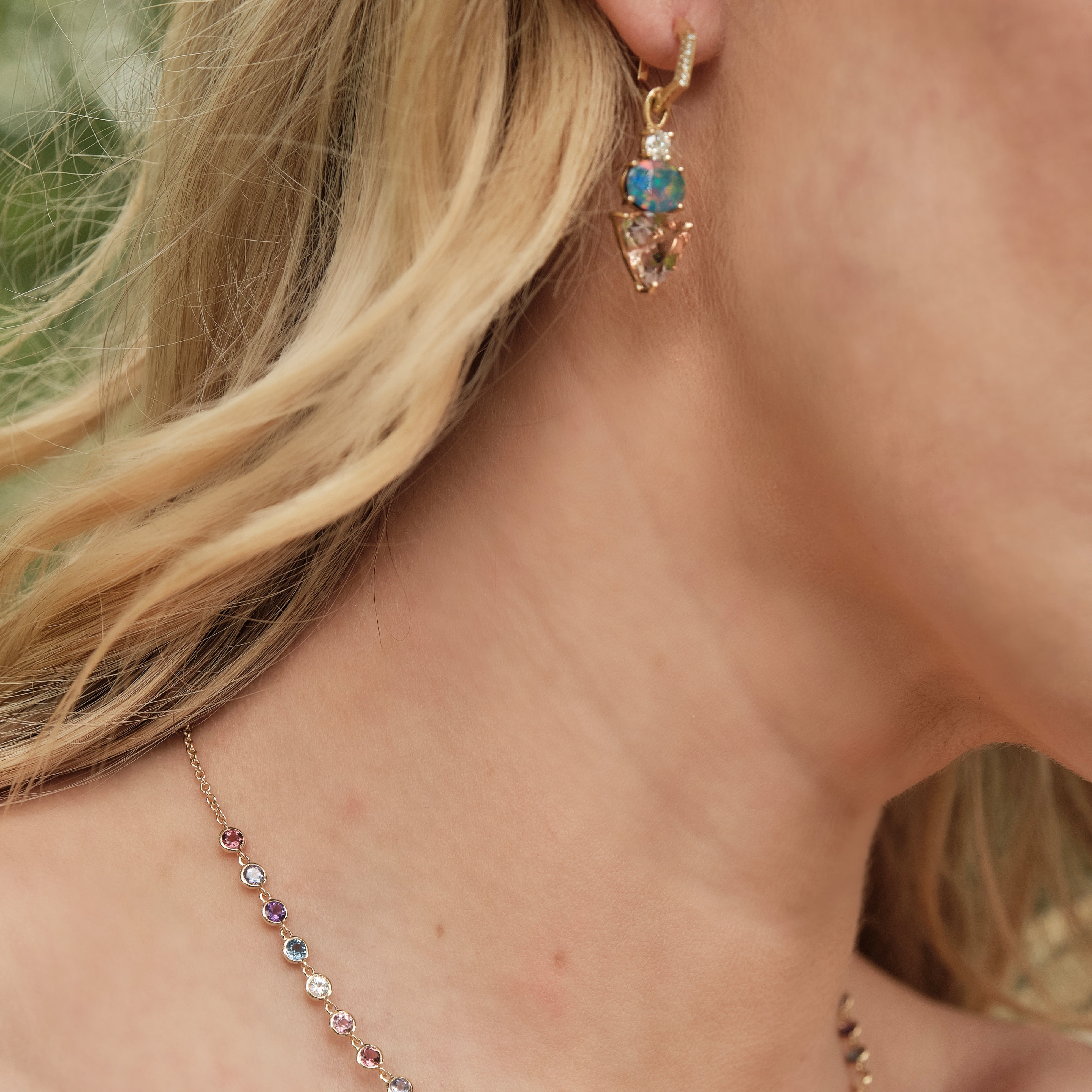 Morganite, Boulder opal diamond Earrings with Huggie