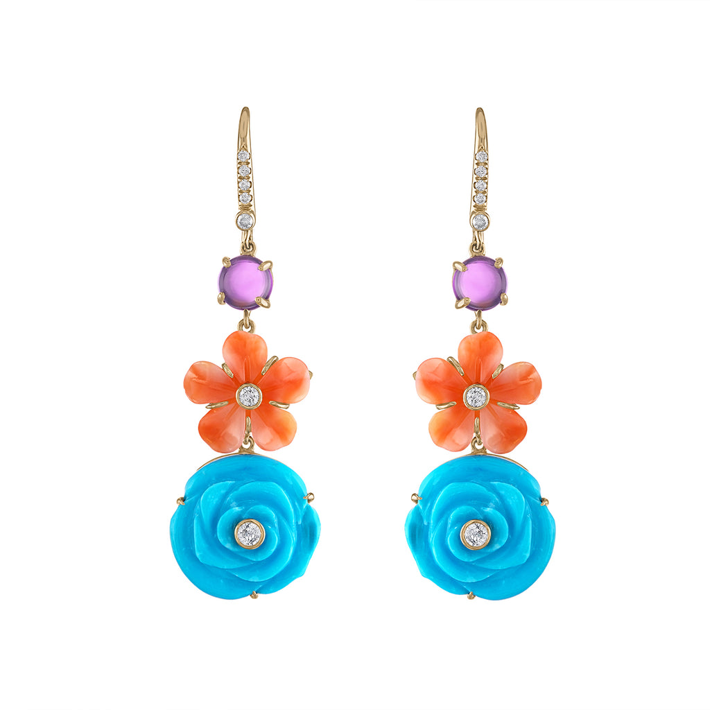 Turquoise, Coral, Amethyst Diamond Flower Drop Earring